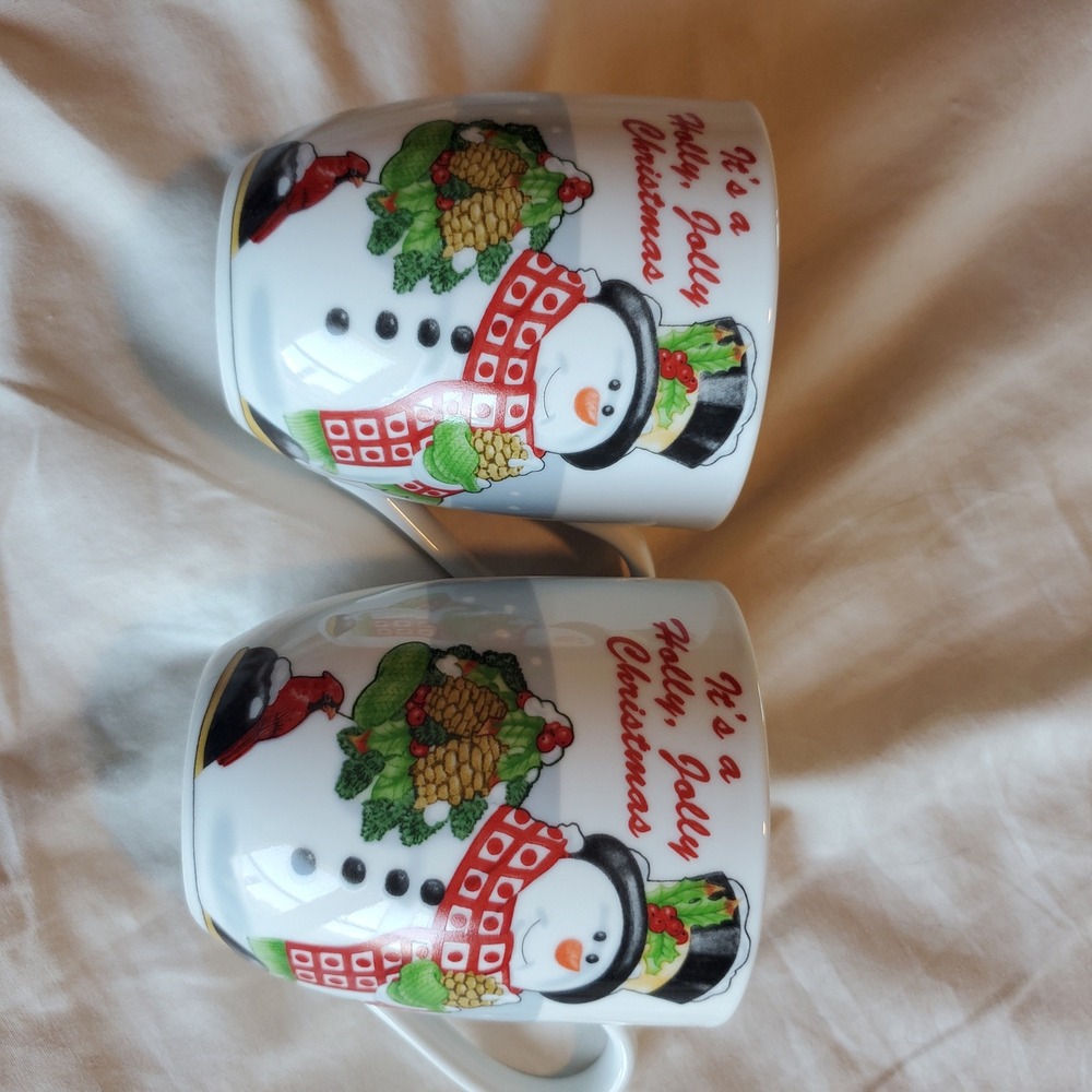 Fitz and Floyd Holly Berry Snowman Christmas Mugs Set of 2 White Red 4in